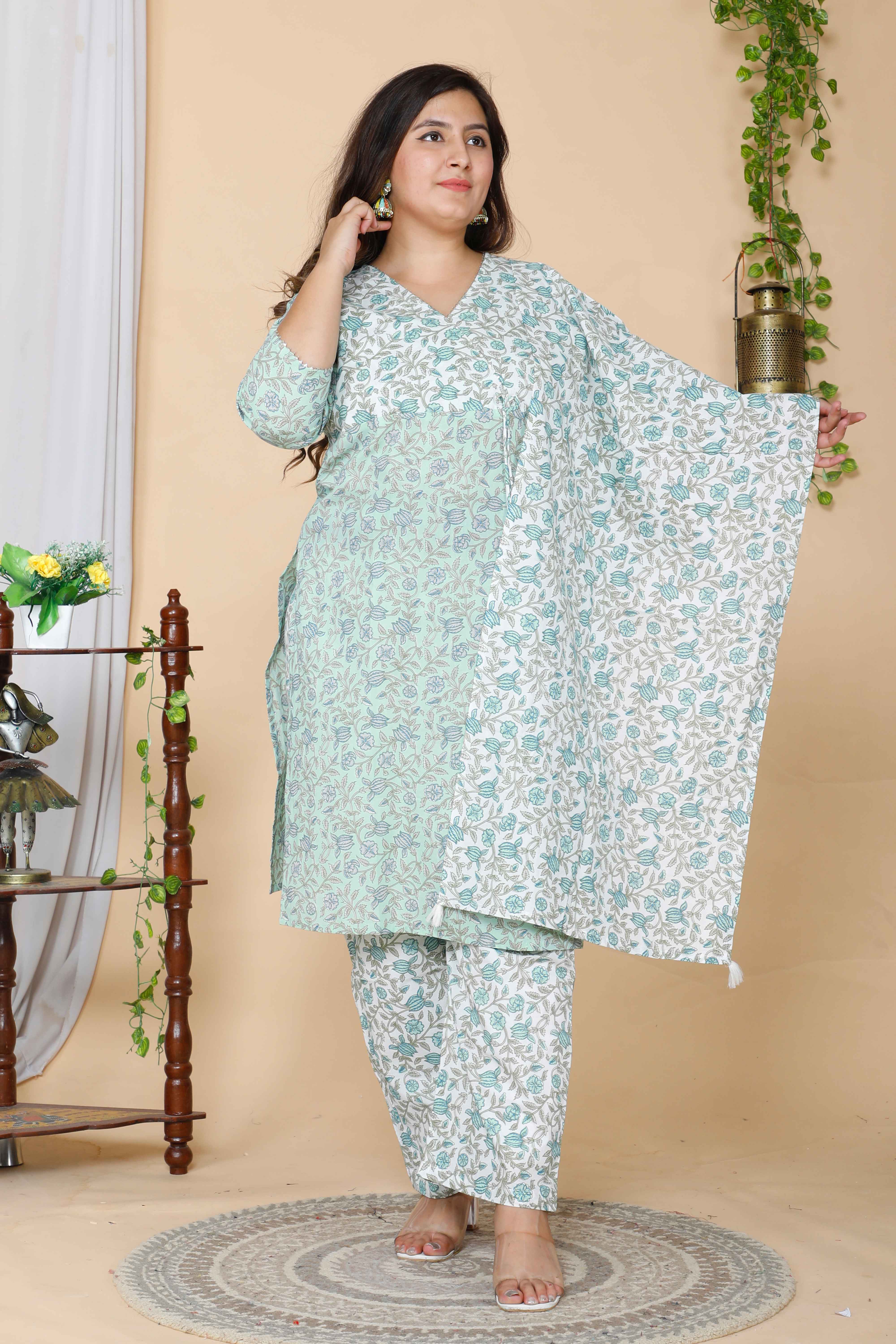 Green Floral Printed Angrakha Kurta with Palazzo and Dupatta Set